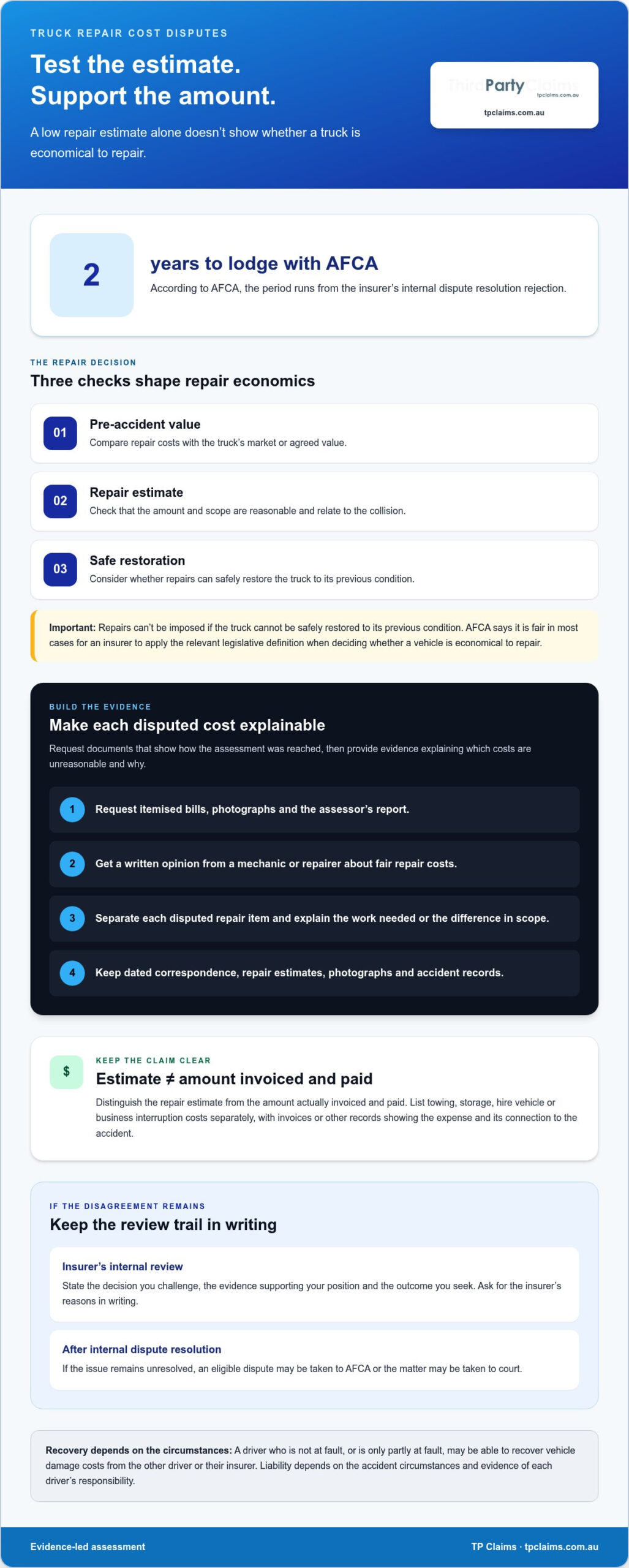 Truck repair cost disputes with a third party insurer: weighing repair costs